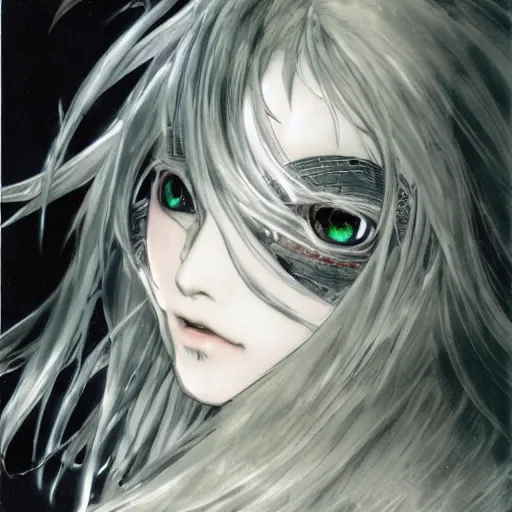 Image similar to blurred and dreamy character design by yoshitaka amano of an anime girl with black eyes, wavy white hair fluttering in the wind wearing elden ring armor with engraving, abstract black and white patterns on the background, noisy film grain effect, highly detailed, renaissance oil painting, weird portrait angle, yoshitaka amano color palette, three quarter view