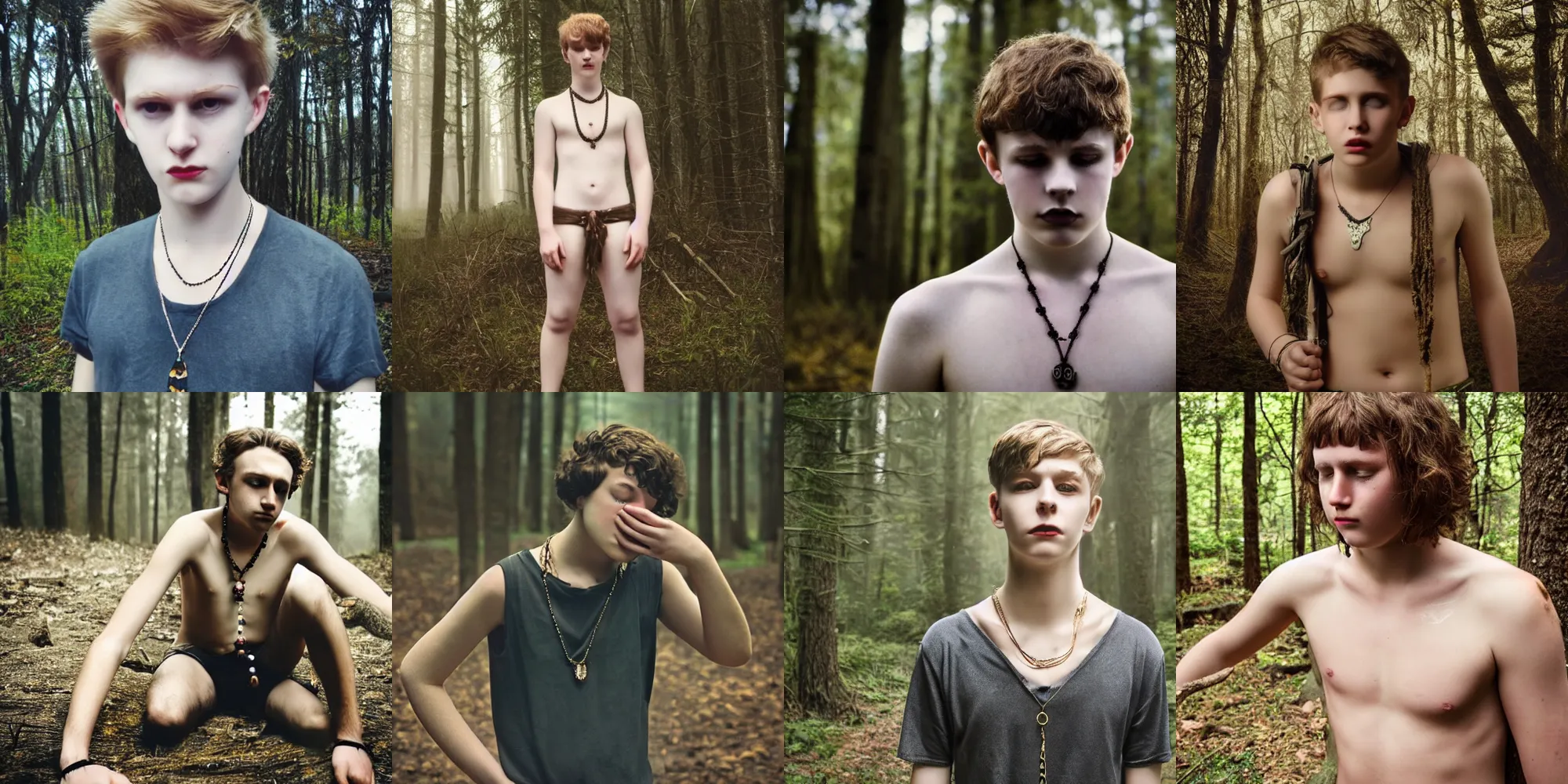 Prompt: natural short hair, necklace, 1 9 yo teenage boy, award winning photo, very accurate face, pale, loincloth, crying, 8 k, sad, ominous and eerie forest