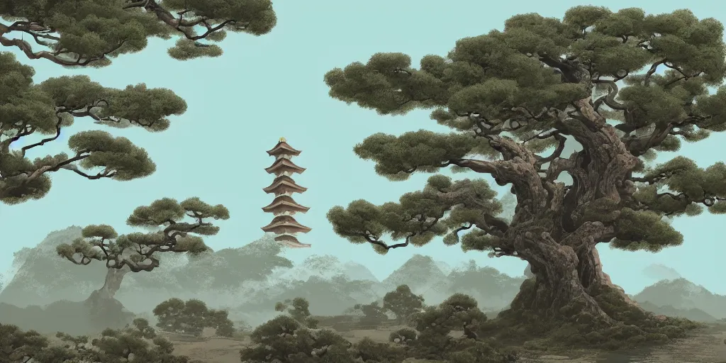 Image similar to digital painting of old japanese landscape with pagoda, curved trees and rocks, detailed, high quality, trending on artstation