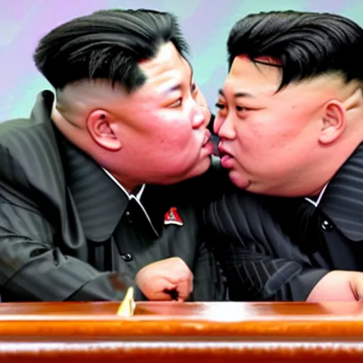 Prompt: kim jong un and dennis rodman passionately kissing under a table