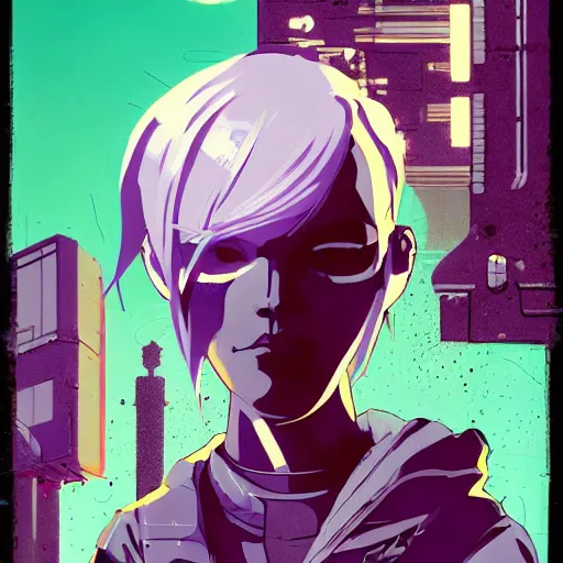 Image similar to Highly detailed portrait of a cyberpunk young lady with, freckles and cool hair by Atey Ghailan, by Loish, by Bryan Lee O'Malley, by Cliff Chiang, inspired by image comics, inspired by graphic novel cover art, inspired by nier!! Gradient purple, silver, black and white color scheme ((grafitti tag brick wall background)), trending on artstation