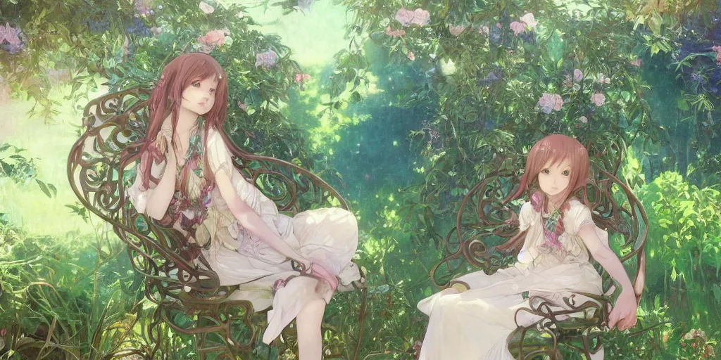 Image similar to a digital art of a loli with long hair in a dress sitting on a metal garden chair in the privet garden at afternoon, green and warm theme, back lighting, by krenz cushart and mucha and akihito yoshida and greg rutkowski and makoto shinkai, extremely long shot, detailed eyes, 4 k resolution, trending on art station