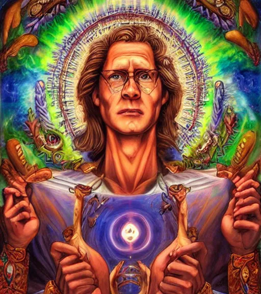 Image similar to symmetry, hank hill as the saint of propane, visionary art, art by mike judge, art by josephine wall, art by amanda sage, dramatic lighting, trending on artstation