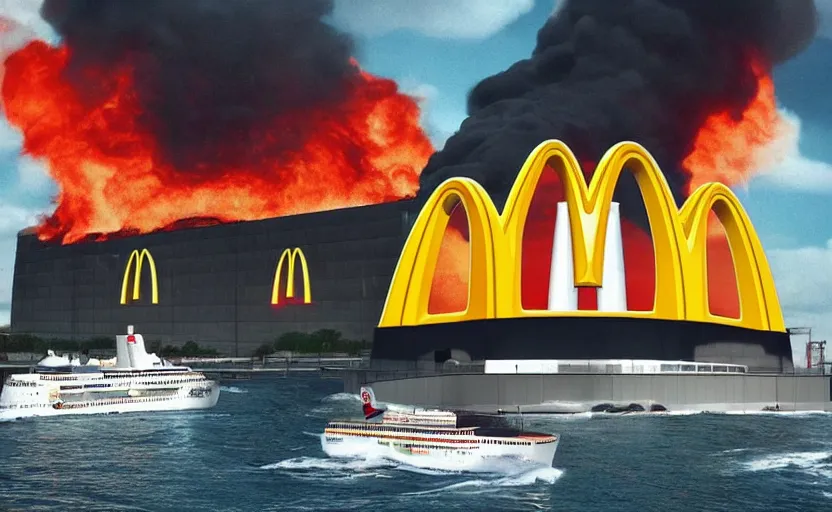 Prompt: an immense McDonald's brand oceanliner cruise ship with giant golden arches logo crashed a broken on a deserted island, smoke stacks billowing thick black smoke, dystopian bad vibes, fast food restaurant color scheme, photorealistic, intense clouds, octane render, sharp focus