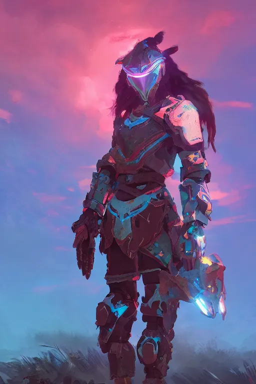 Image similar to combination suit armor aloy horizon forbidden west horizon zero dawn radiating a glowing aura global illumination ray tracing hdr fanart arstation by ian pesty and alena aenami artworks in 4 k tribal robot ninja mask helmet backpack