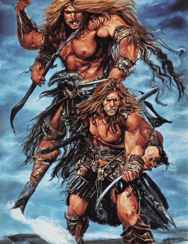 Prompt: DnD Cover Art, 1985, A long-haired Barbarian strikes a menacing pose, scan