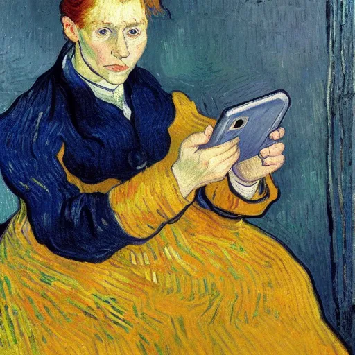 Image similar to a vivid portrait by van Gogh, she is holding a smartphone, oil on canvas, trending on artstation