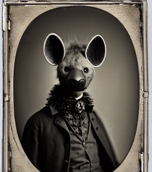 Image similar to professional studio photo portrait of anthro anthropomorphic spotted hyena head animal person fursona wearing elaborate pompous silver skull robes clothes by Louis Daguerre daguerreotype tintype