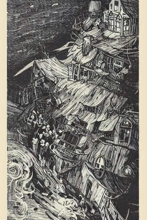 Prompt: 19th century wood-engraving of Howl's moving castle, whole page illustration from Jules Verne book, art by Édouard Riou Jules Férat and Henri de Montaut, frontal portrait, high quality, beautiful, highly detailed, removed watermarks