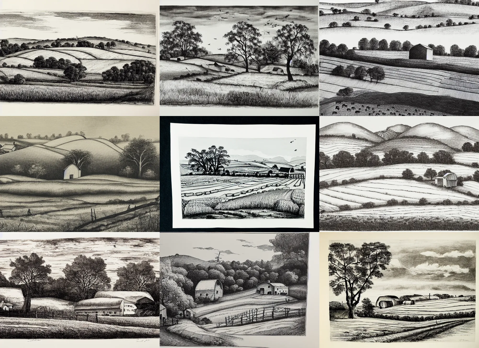 Prompt: a beautiful ink print on paper of rural landscape with a farm on white background