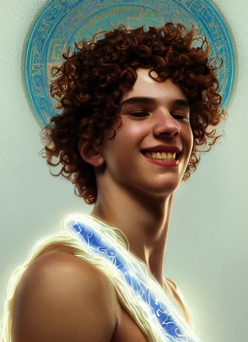 Image similar to portrait of teenage zeus, greek, short curly copper hair, smiling mischievously, wearing a white sash, olive tree, intricate, elegant, lightning bolt, glowing lights, highly detailed, digital painting, artstation, concept art, smooth, sharp focus, illustration, art by wlop, mucha, artgerm, and greg rutkowski