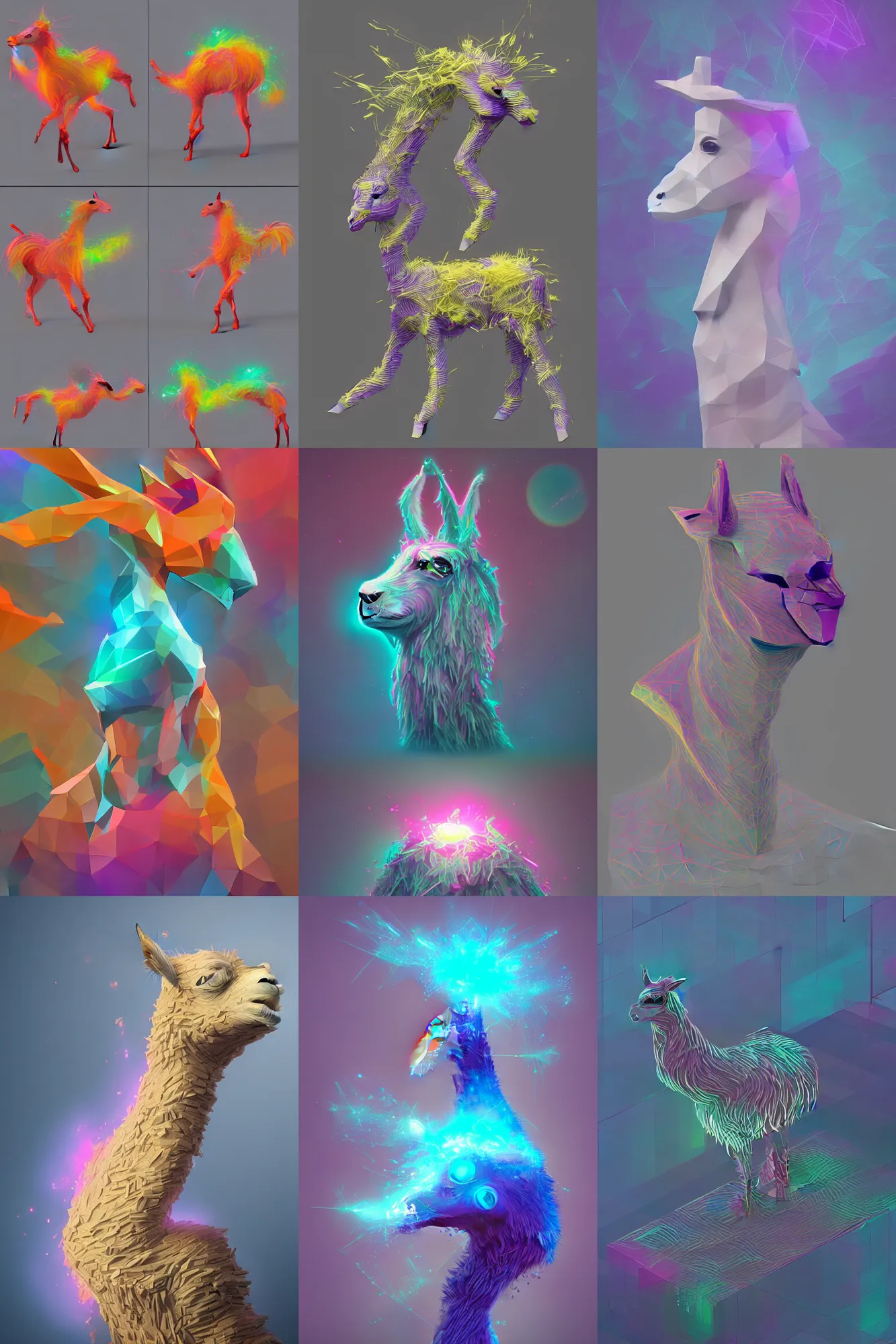 Prompt: vivid 3D animated designscapes with bursts of radiant particles–building an ethereal llama, professional concept art, trending on artstation, geometric llama