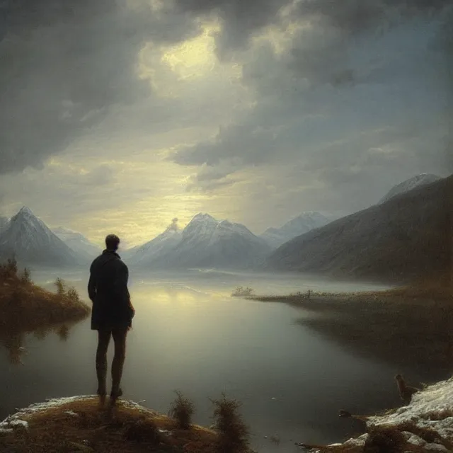 Prompt: A beautiful!!! painting of A man standing in a lake at night looking at the snow-capped mountains in the distance, beautiful!!!!! sky,Landscapes,Tyndall effect.hyper detailed,8K Resolution.In style of Greg Rutkowski, by gustav doré,oil on canvas