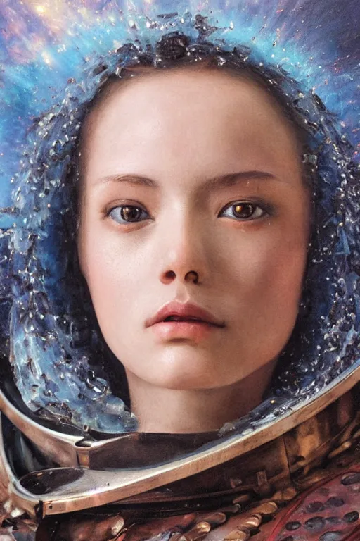 Image similar to hyperrealism oil painting, close - up portrait of european medieval fashion model, knight, steel gradient mixed with nebula sky, in style of baroque mixed with 7 0 s japan book art