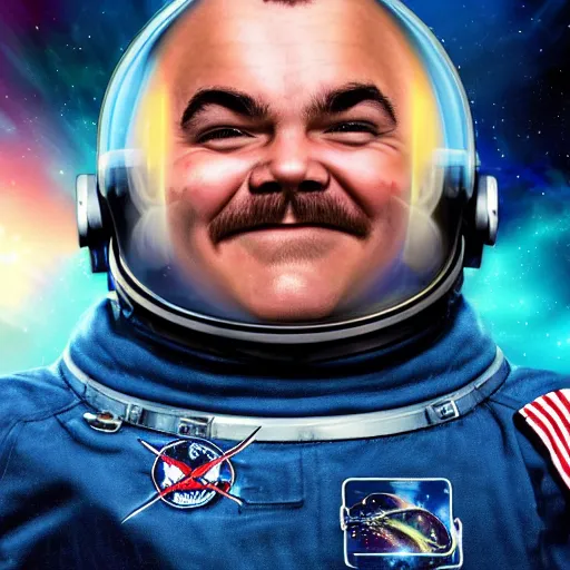 Image similar to jack black as an astronaut, hd, space nebula background, retro futuristic, stunning