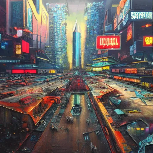 Image similar to a cyberpunk city after a nuclear war, oil painting