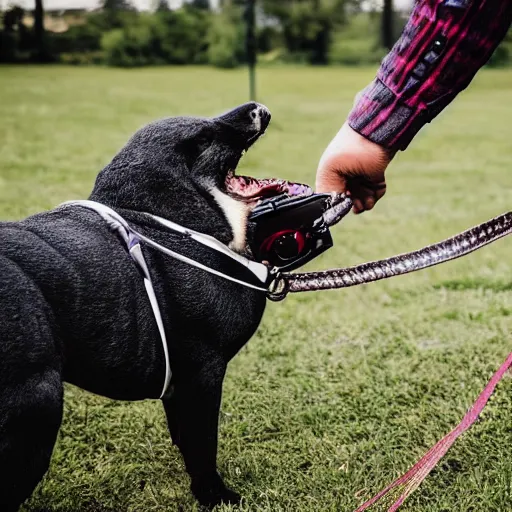 Image similar to photo of a man walking a bizarre creature on a leash like a dog