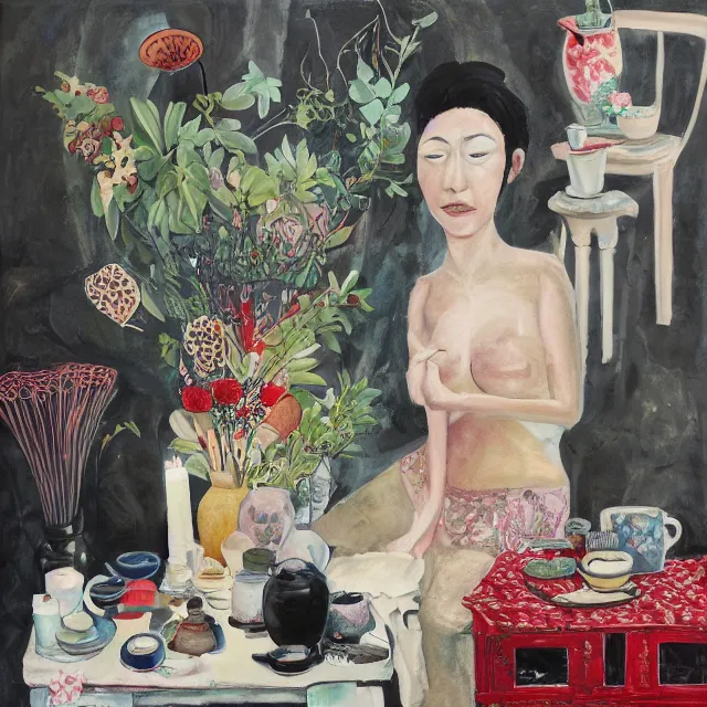 Prompt: a portrait in a female artist's apartment, a woman holding berries, herbs, japanese pottery vase with white flowers, a brain, smokey burnt love letters, candles, feminine, organic, octopus, squashed berries, pancakes, black underwear, neo - expressionism, surrealism, acrylic and spray paint and oilstick on canvas