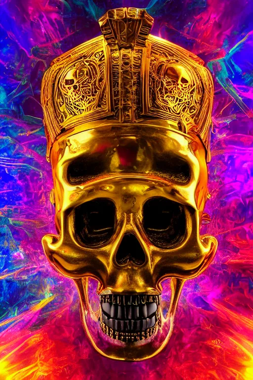 Image similar to 35 mm lens photo of chthonic skull lsd colors wearing a golden roman helmet with sharp teeth and rgb background smoke, direct sunlight, glowing, vivid, detailed painting, Houdini algorhitmic pattern, by Ross Tran, WLOP, artgerm and James Jean, masterpiece, award winning painting