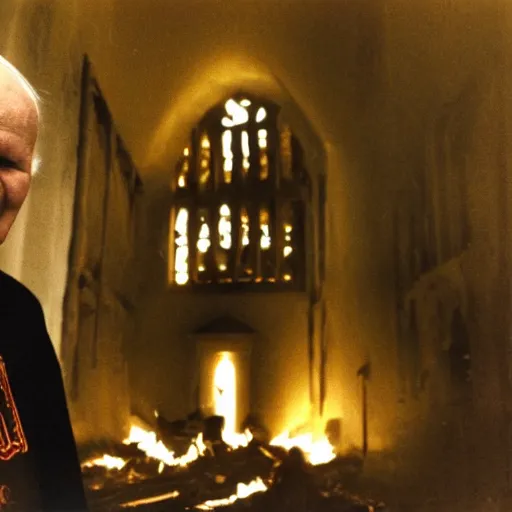 Image similar to award - winning photograph of john paul ii standing in the entrance to a small burning church building, at night, pitch black, christian cross