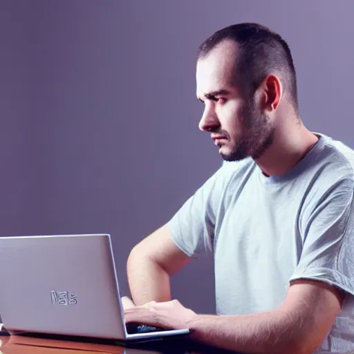 Prompt: a man sitting in front of a laptop computer, a stock photo by radi nedelchev, pexels contest winner, cubo - futurism, stock photo, stockphoto, ilya kuvshinov