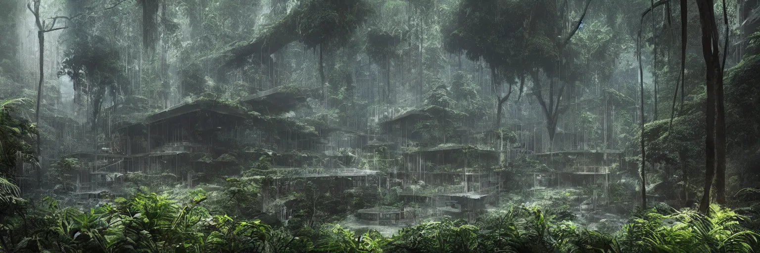 Image similar to brutalist architecture deep in the rainforest. nature is taking over. matte painting in the style of craig mullins. mist. cinematic. octane render.