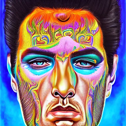 Image similar to an extremely psychedelic portrait of elvis, surreal, lsd, face, detailed, intricate, elegant, lithe, highly detailed, digital painting, artstation, concept art, smooth, sharp focus, illustration