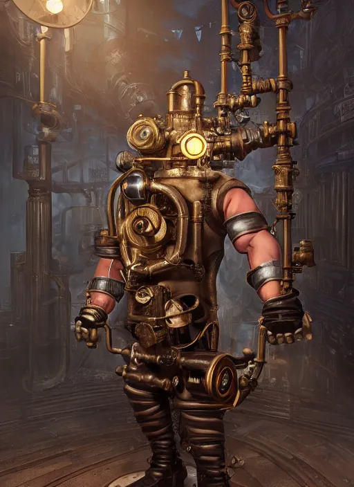 Prompt: steampunk bioshock jeff bezos is a muscular bodybuilder, au naturel, hyper detailed, digital art, trending in artstation, cinematic lighting, studio quality, smooth render, unreal engine 5 rendered, octane rendered, art style by klimt and nixeu and ian sprigger and wlop and krenz cushart.