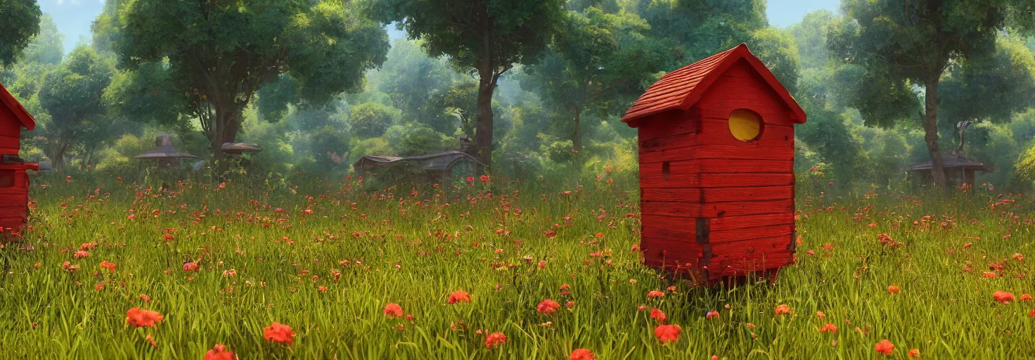 Image similar to crimson - black beehive, large bee hive, in a beautiful forest meadow village landscape, flowers, happy trees, photorealistic, octane render, rtx, hdr, unreal engine, digital art widescreen 8 k, studio ghibli, bob ross, pixar, bee movie, disney