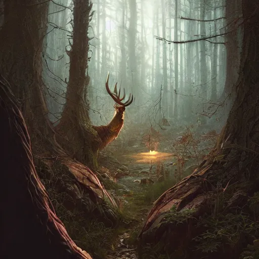 Image similar to highly detailed creepy forest creature with antlers, stephen bliss, unreal engine, fantasy art by greg rutkowski, loish, rhads, ferdinand knab, makoto shinkai and lois van baarle, ilya kuvshinov, rossdraws, tom bagshaw, global illumination, radiant light, detailed and intricate environment