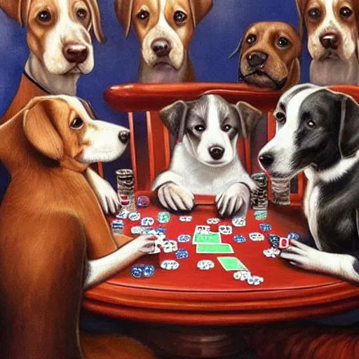 Image similar to 4 dogs playing poker oil painting high detail,