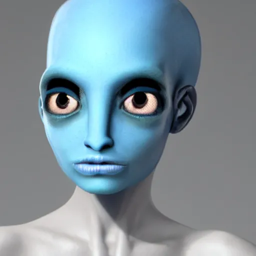 Image similar to a female humanoid alien with blue skin and large black eyes with a short side cut