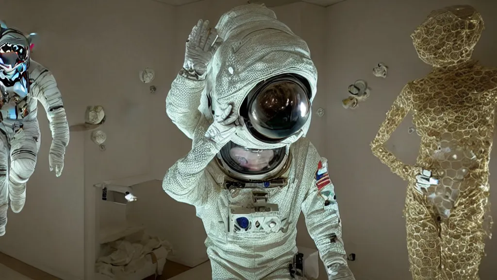 Image similar to a astronaut eva suit covered in diamond 3d fractal lace iridescent bubble 3d skin and covered with insectoid compound eye camera lenses floats through the living room, film still from the movie directed by Denis Villeneuve with art direction by Salvador Dalí, wide lens,