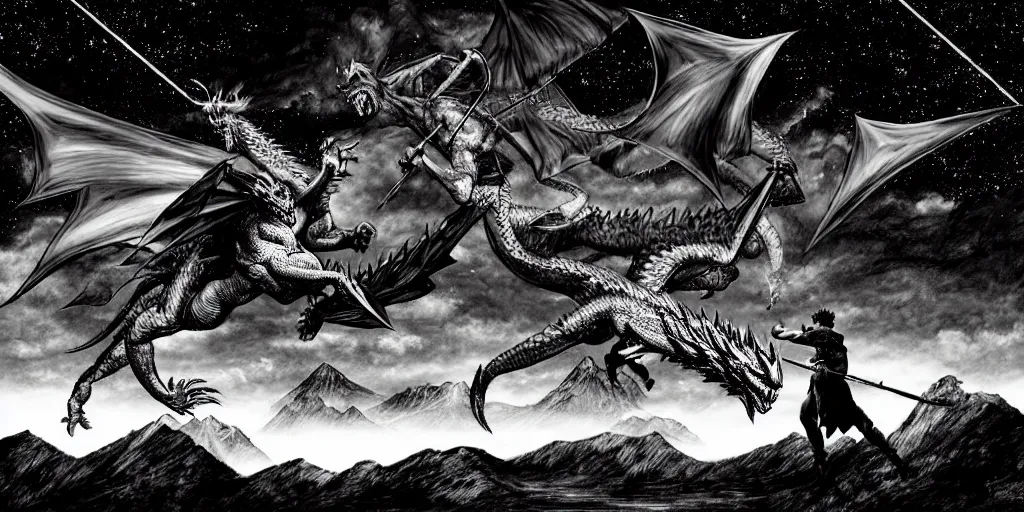 Image similar to archer fighting a dragon under the night sky in front of the mountains. dark fantasy style. epic fight. digital art. black and white. by kentaro miura