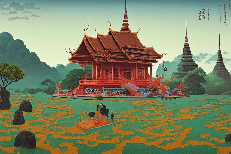 Prompt: summer morning, thai temple, rolling mountain, very coherent and colorful high contrast, art by gediminas pranckevicius, geof darrow, franz sedlacek, dark shadows, hard lighting, ukiyo - e