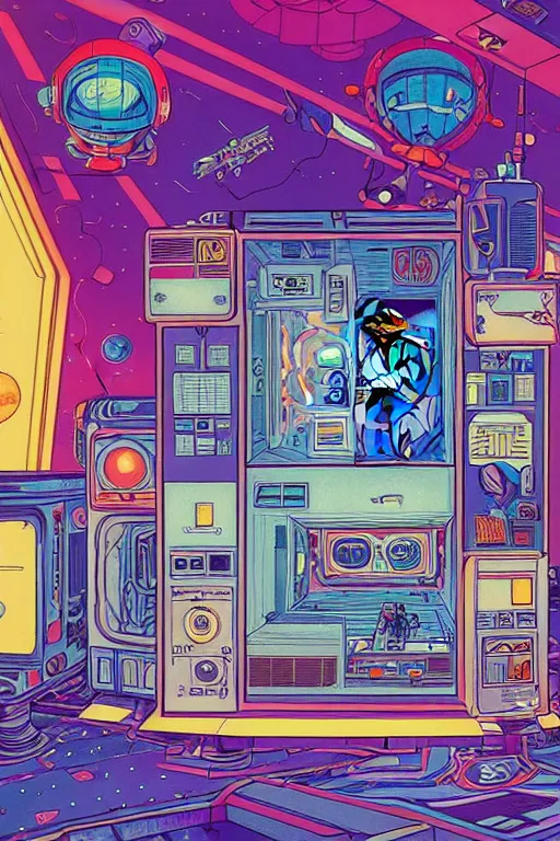 Image similar to a comic panel drawing of a room with a bed in an 8 0 s art deco international space station, robots, led screens, droids, a detailed painting by lisa frank, james jean, kilian eng, moebius, featured on deviantart, psychedelic art, psychedelic, dmt