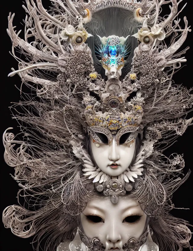 Image similar to goddess macro close - up portrait wigh crown made of ram skull. beautiful intricately detailed japanese crow kitsune mask and clasical japanese kimono. betta fish, jellyfish phoenix, bioluminiscent, plasma, ice, water, wind, creature, super intricate ornaments artwork by tooth wu and wlop and beeple and greg rutkowski