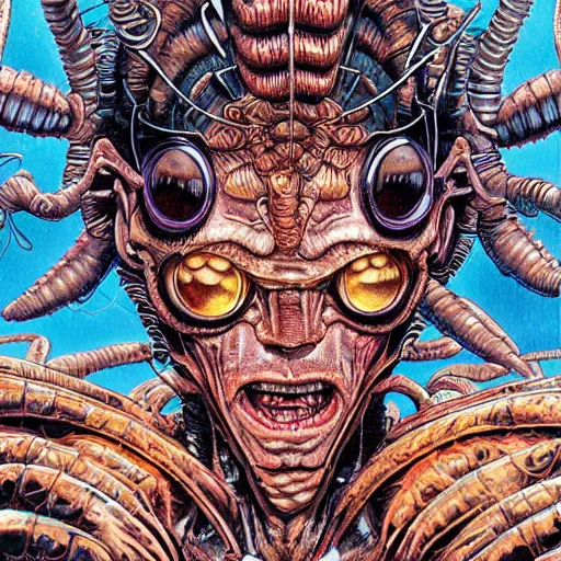 Image similar to closeup of insect man, by yoichi hatakenaka, masamune shirow, josan gonzales and dan mumford, ayami kojima, takato yamamoto, barclay shaw, karol bak