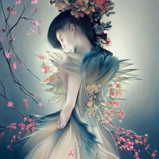 Prompt: 3 / 4 view of a beautiful girl wearing an origami dress, eye - level medium shot, fine floral ornaments in cloth and hair, hummingbirds, elegant, by eiko ishioka, givenchy, by ruan jia, by peter mohrbacher, centered, fresh colors, origami, fashion, detailed illustration, vogue, japanese, reallusion character creator