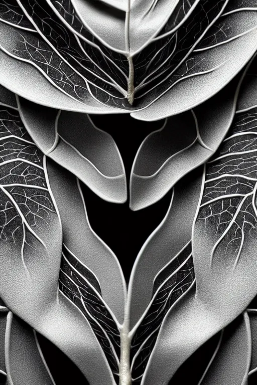 Image similar to monochrome close - up profile face, black background, beautiful porcelain vegetal - dragon - cyborg - female, beautiful natural soft rim light, silver gold details, magnolia leaves and stems, roots, mandelbot fractal, elegant, hyper real, ultra detailed, white metallic armour