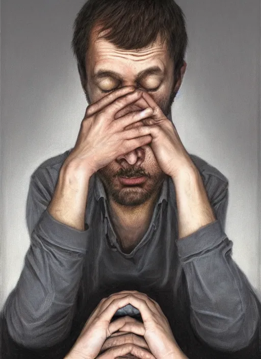 Prompt: insanely detailed chiaroscuro image of a exhausted - looking stalky casually - dressed programmer guy on his knees facing his glowing ultrawide computer monitor monitor begging it for forgiveness, oil on canvas, masterwork, fine detail, trending on artstation, emotive, insanely compelling, ryden, koons, moebius