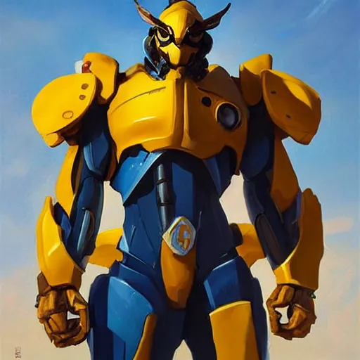 Image similar to greg manchess portrait painting of bumblebee the transformer as overwatch character, medium shot, asymmetrical, profile picture, organic painting, sunny day, matte painting, bold shapes, hard edges, street art, trending on artstation, by huang guangjian, gil elvgren, ruan jia, greg rutkowski, gaston bussiere