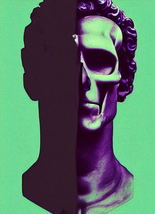 Image similar to statue of hercules, half his face as a skull, beeple, vaporwave, retrowave, tonal separation, black background, glitch, pixel sorting, strong contrast, pinterest, trending on artstation