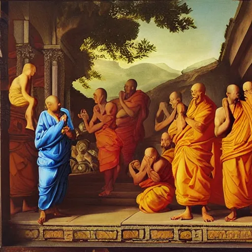 Prompt: hindu monks on greek senete baroque painting, lionardo davinchi