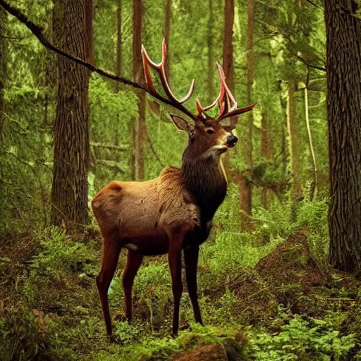 Prompt: an elk made of ( ( ( ( vines and branches ) ) ) )!!!!! stands in the middle of a dark forest