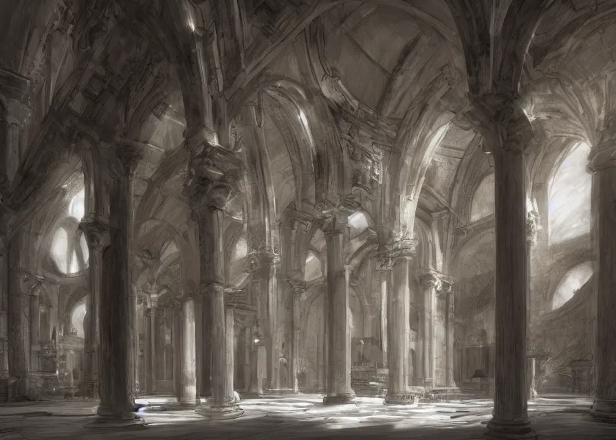 Prompt: interior of an ancient roman cathedral, pencil, concept art, 4k, artstation