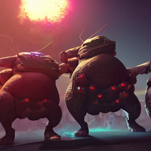 Image similar to highly detailed octane render of giant glowing insects chasing short fat men with giant beards who each hold a gun and wear armour. Depth of field