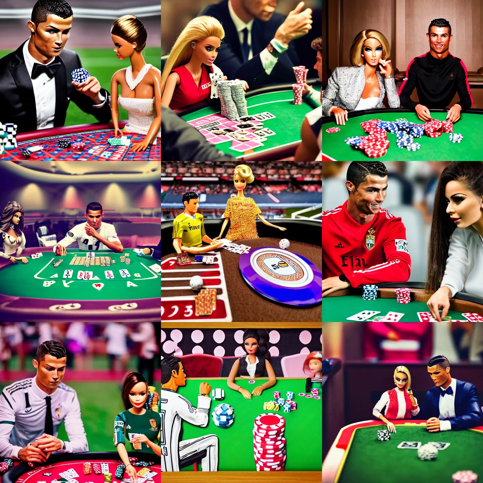 Prompt: Cristiano Ronaldo and a barbie doll playing poker at the stadium, beautiful, 28mm lens, bright, high contrast, gradation, cinematic, rule of thirds, excellent composition, complex, detailed, flat, matte print, clear, clean lines, gustav Klimt