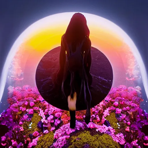 Image similar to A picture of a planet of various flowers, fungus and plants, in which the human figure is dressed in something magical and impressive, inside the picture is infinity, sunset light, Atmospheric phenomenon, artistic photography, muted colors, conceptual