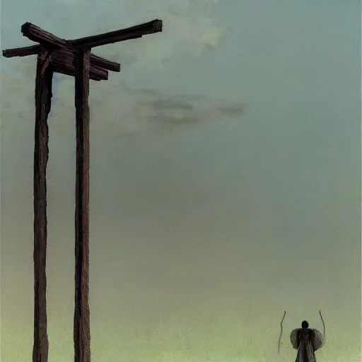 Image similar to A beautiful painting of A Torii over a plain by Zdzisław Beksiński and Ilya Repin,In style of Post-Apocalyptic.digital art, illustration,hyper detailed,smooth, sharp focus,trending on artstation,oil on the canvas,4k